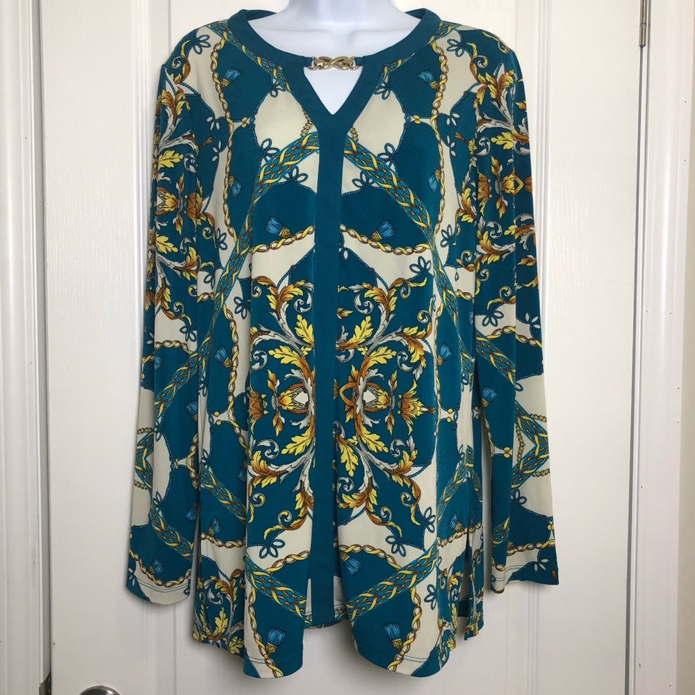 Susan Graver Size S Liquid Knit Tunic Top W/ Gold Chain And Filigree Art To Wear